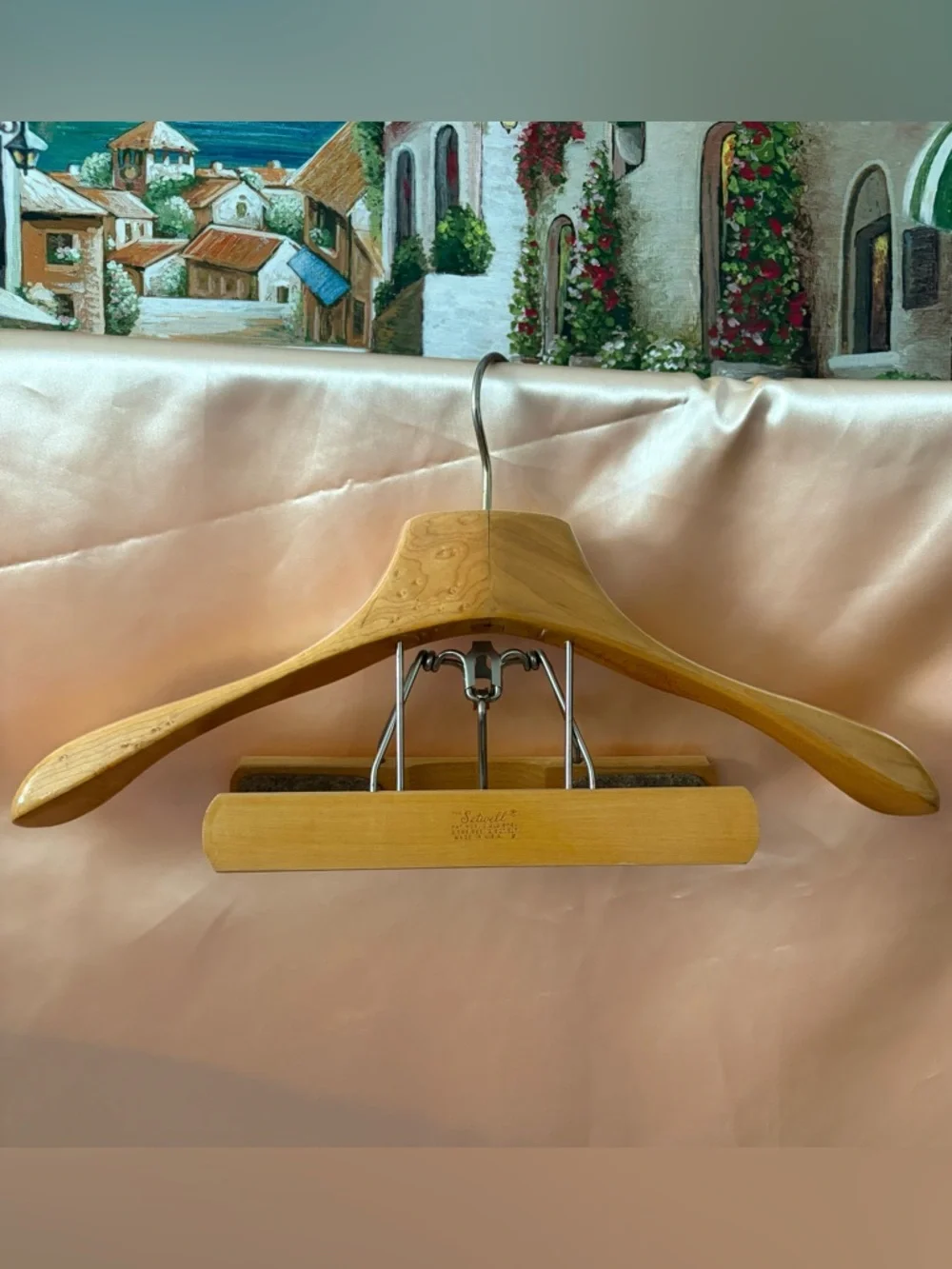 Vintage USA wooden Setwell clothing hanger with clamp